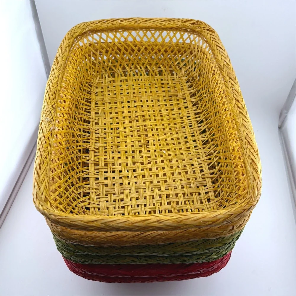 Vintage Style Woven Bamboo Baskets Set of 6 Red Green Yellow Rectangular Trays